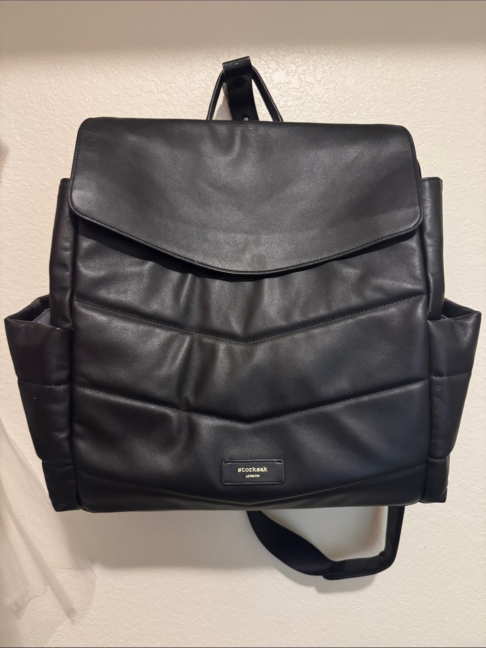 Storksak Black Quilted Leather Baby Backpack
